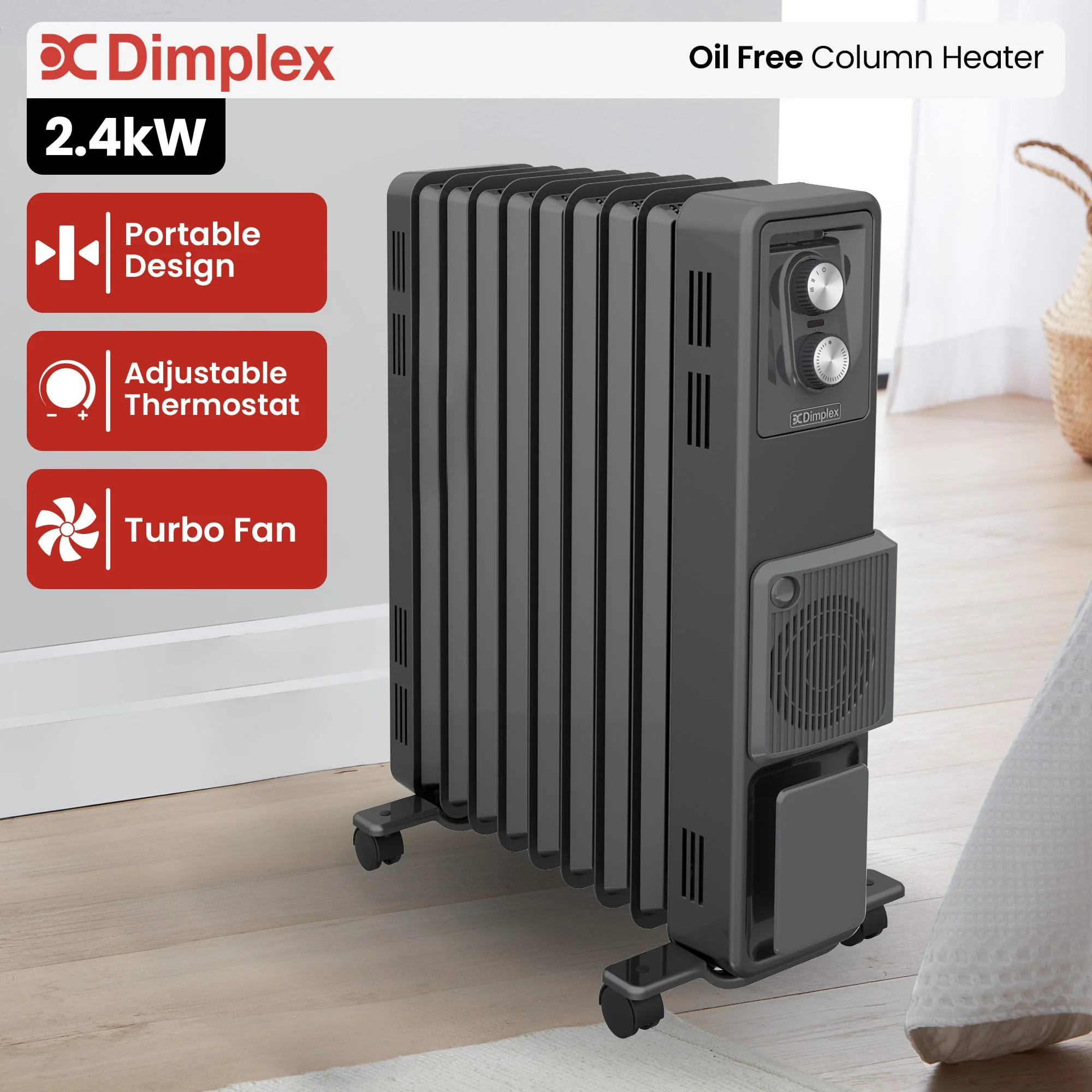 Dimplex Oil Free 2.4kW Column Heater with Thermostat and Turbo Fan (Black) - Image 8