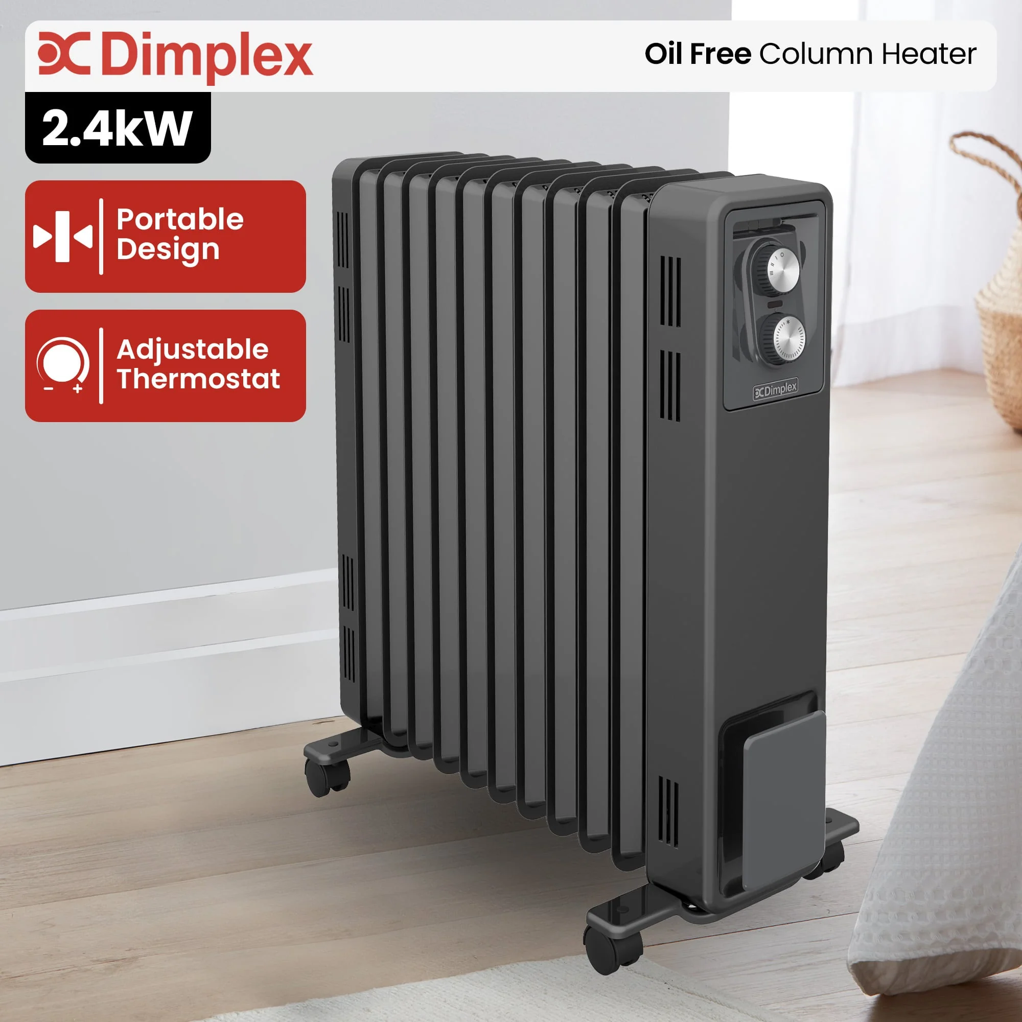 Dimplex Oil Free 2.4kW Column Heater with Thermostat (Black) - Image 2