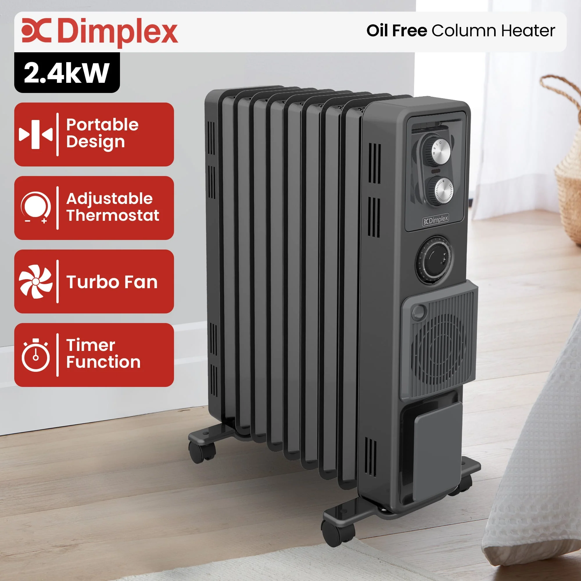 Dimplex Oil Free 2.4kW Column Heater with Turbo Fan and Timer (Black) - Image 8