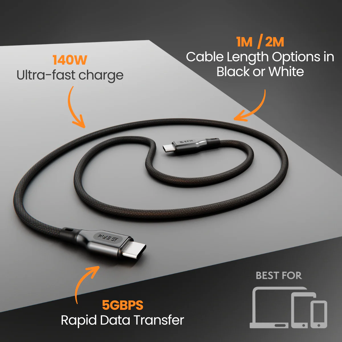 EFM 140W Pro Power and Data USB-C Cable with 2M Braided Cable (White) - Image 3