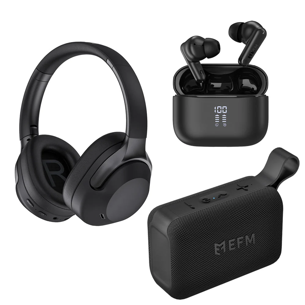 EFM Essential Audio Bundle Trio with Bluetooth Speaker, Headphones and TWS Earbuds (Black)