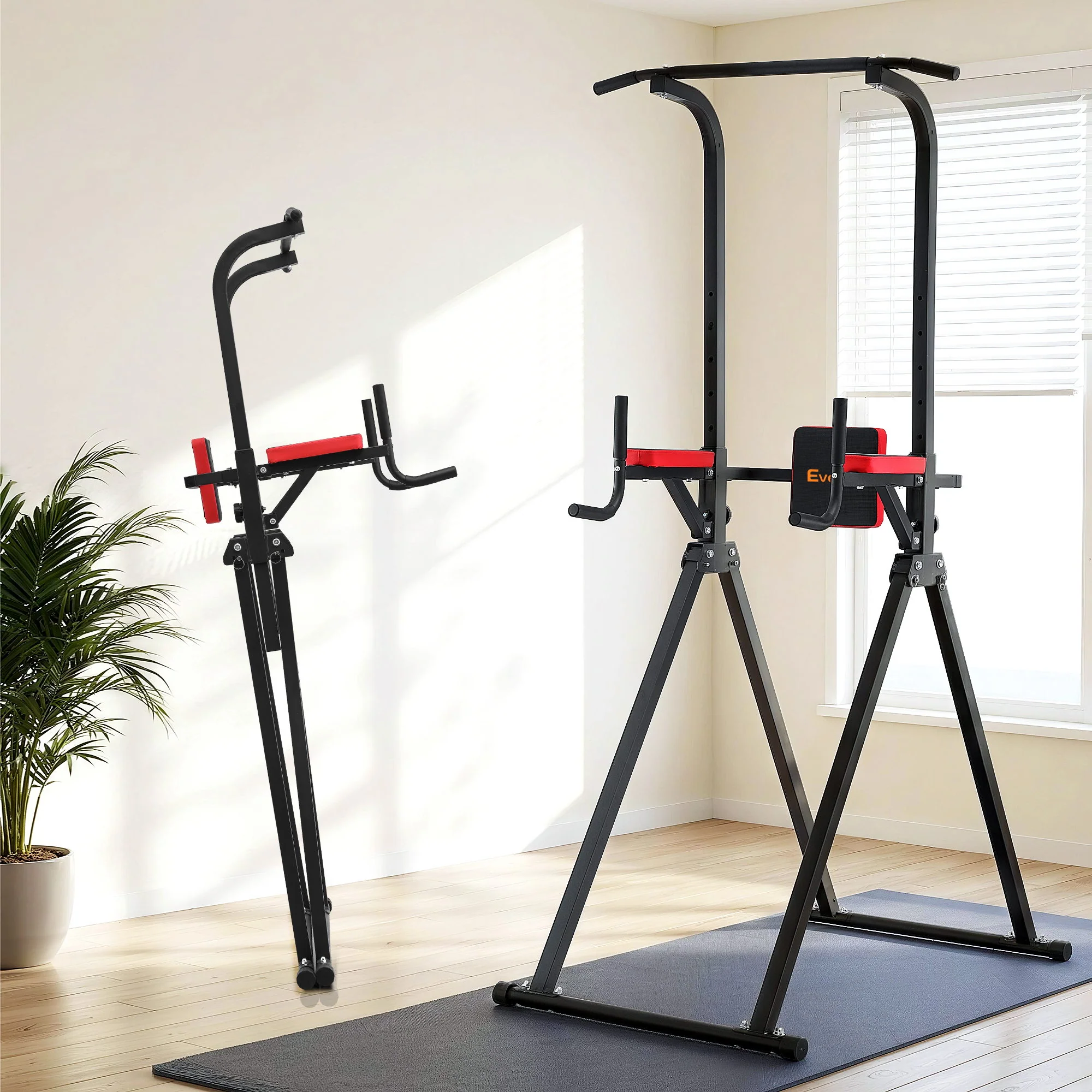 Everfit Chin Up Tower Pull Up Station Adjustable Dip Station Folding Home Gym Black - Image 2