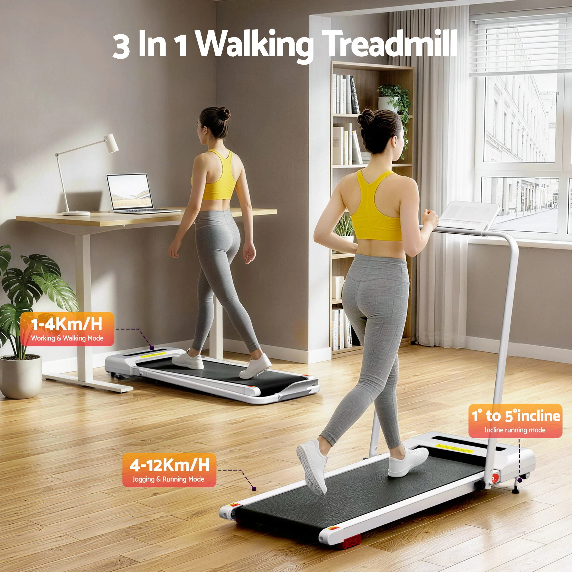 Everfit Treadmill Electric Walking Pad Incline Under Desk 380mm (White) - Image 5