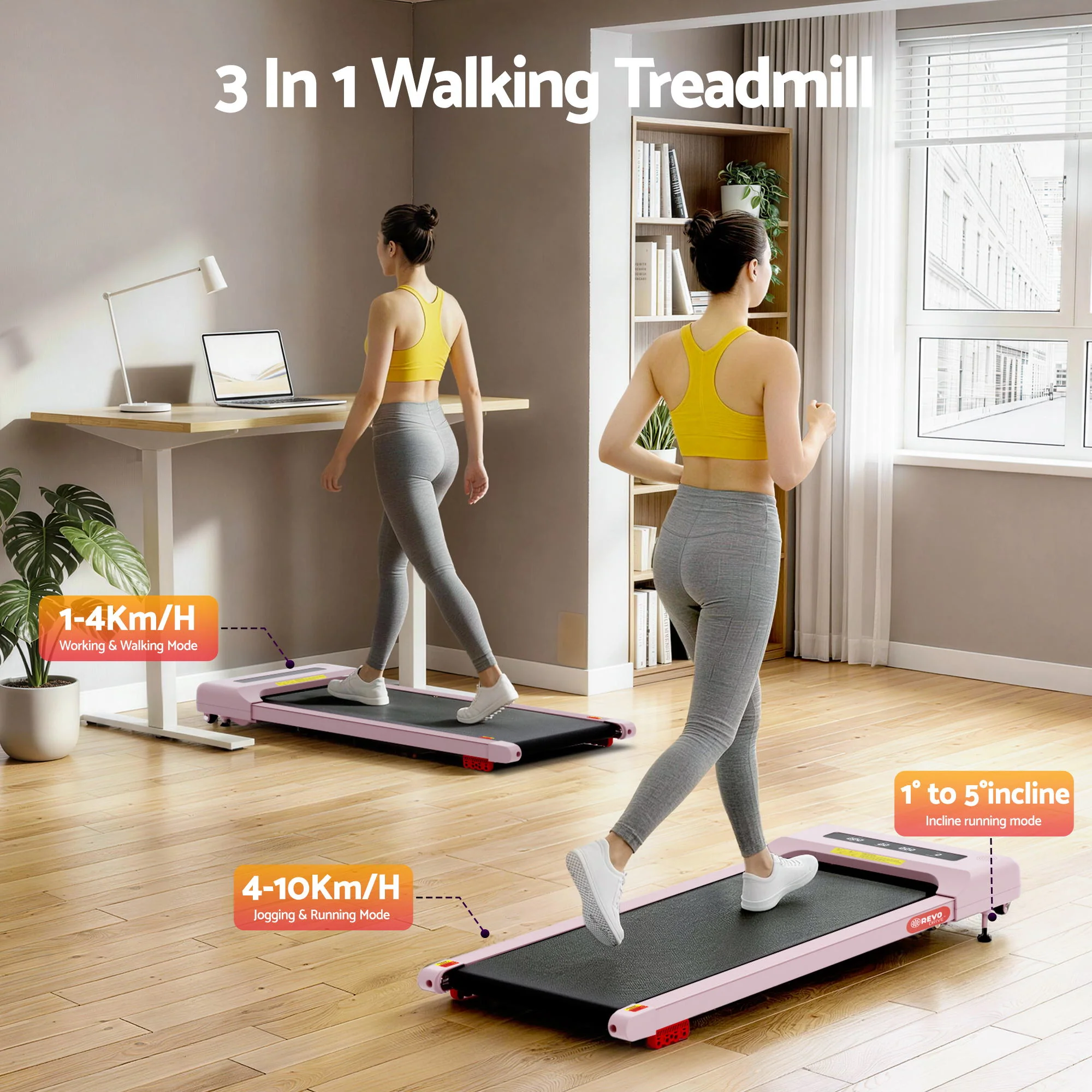 Everfit Treadmill Electric Walking Pad Incline Under Desk Home Gym 380mm (Pink) - Image 5