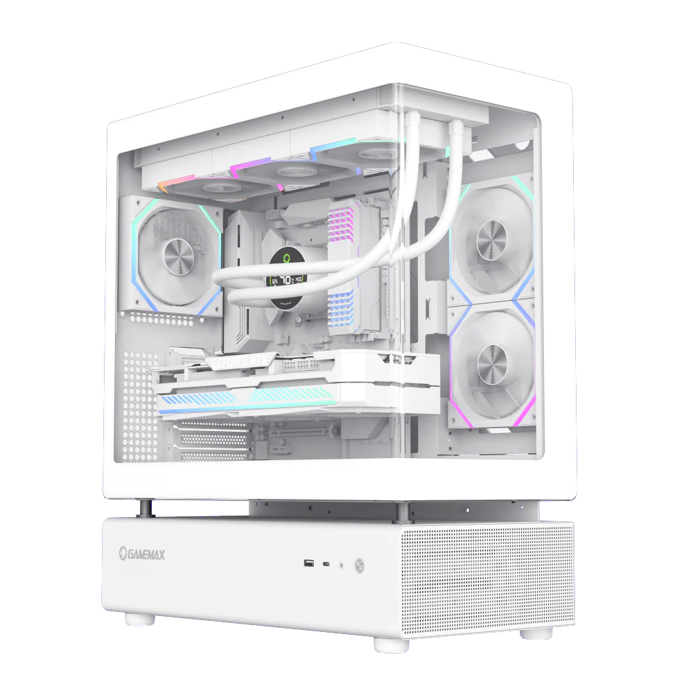 GameMax N80 ATX Mid Tower Gaming Case - BTF Back-Connect Motherboard Support, 6x ARGB Fans Pre-installed, Panoramic Tempered Glass - White