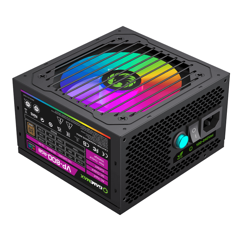 GameMax VP-800 RGB 800W Power Supply - 80 Plus High Efficiency, 120mm RGB Fan, Active PFC, Gaming PSU with Stealth Black Cables, Black
