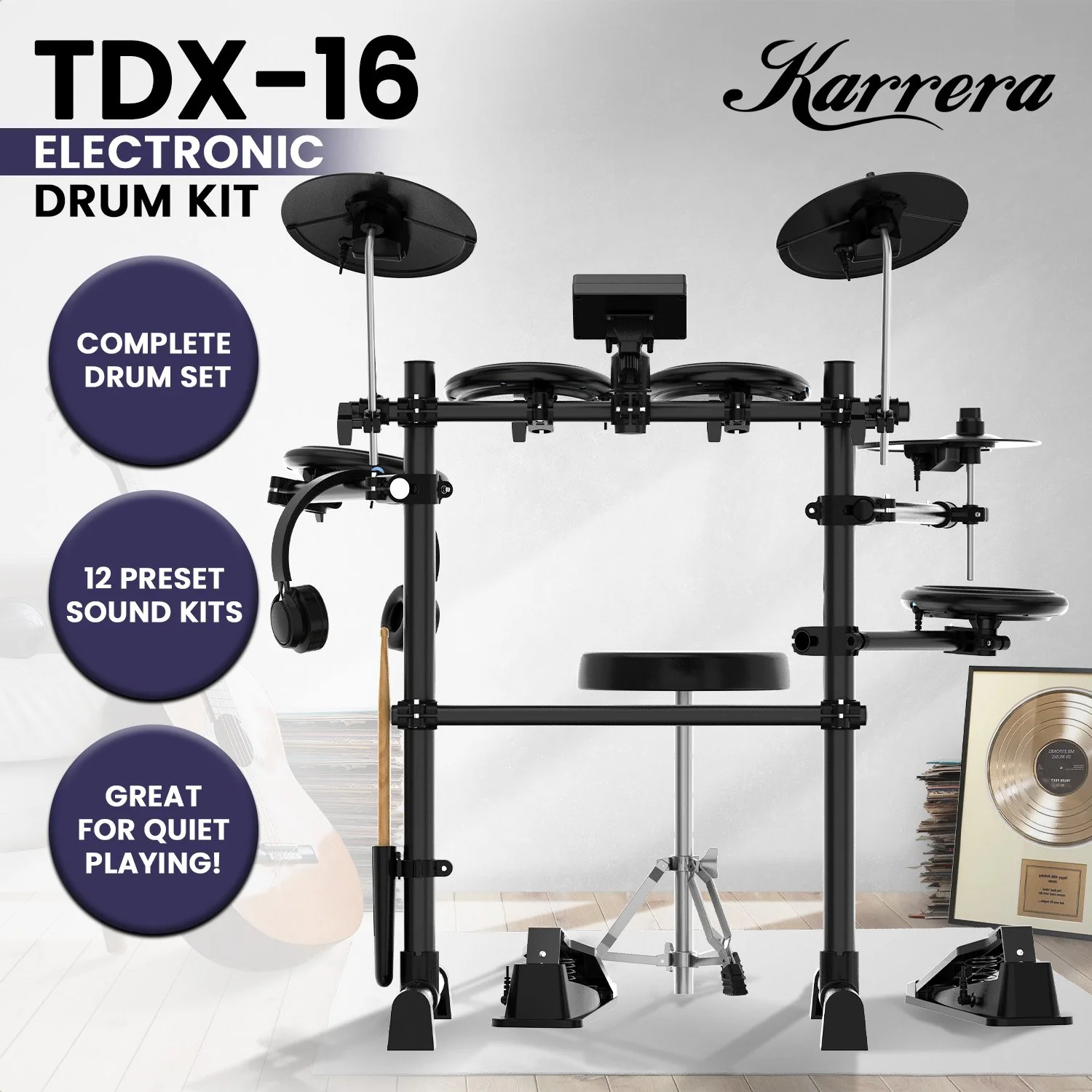 Karrera TDX-16 Electronic Drum Kit with LCD and Mesh Pads - Image 2