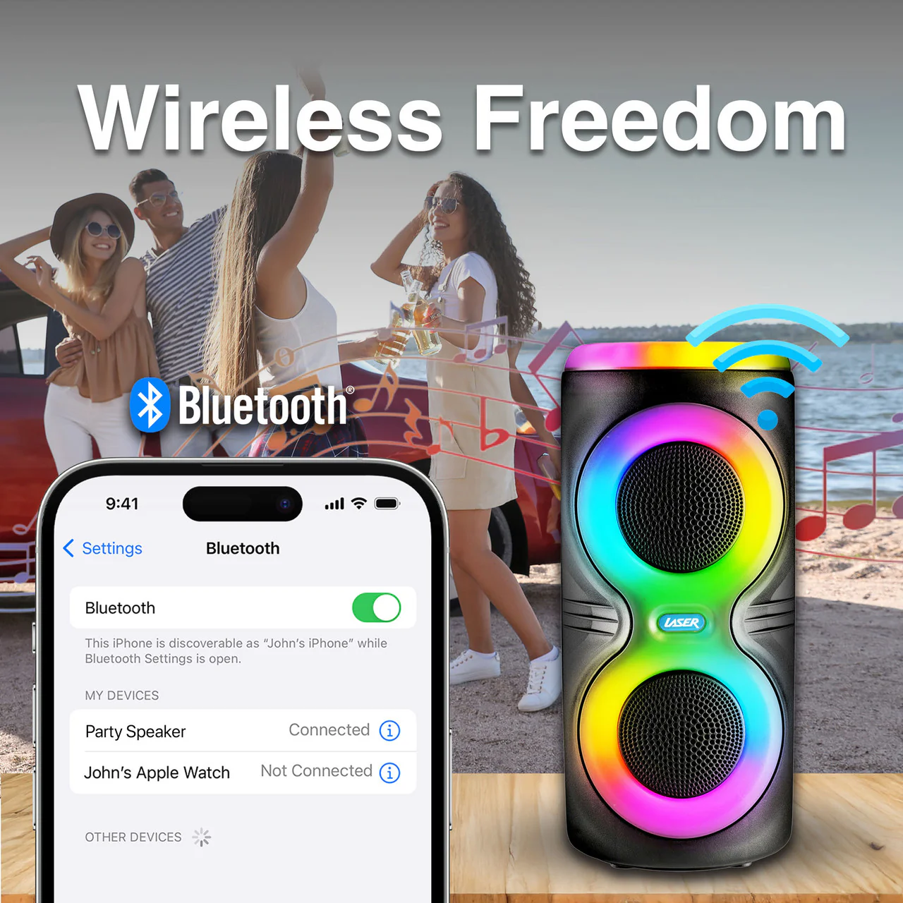 Laser Bluetooth Party Speaker with RGB Lights and Wireless Mic (Black) - Image 2