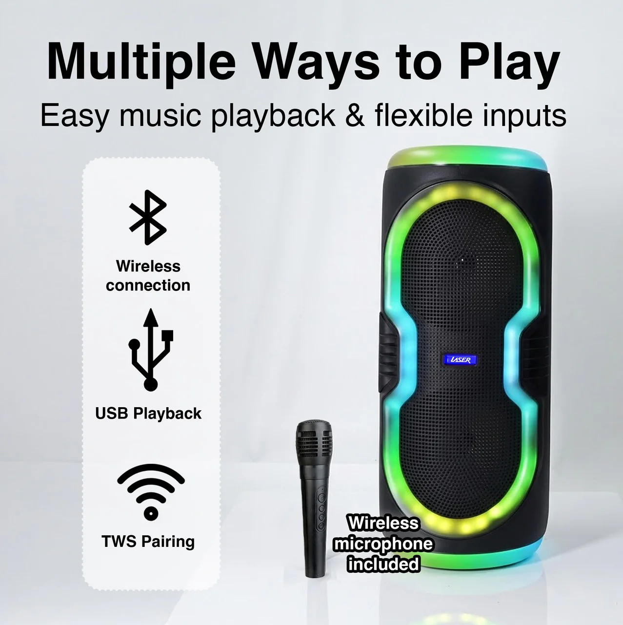 Laser Bluetooth Party Speaker with RGB Lights and Wireless Mic (Black) - Image 6