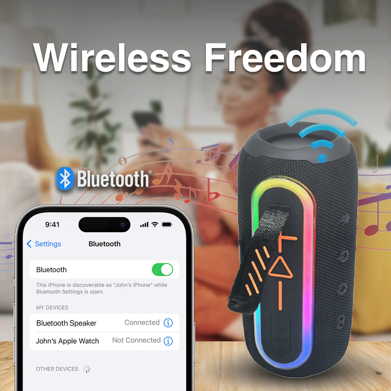 Laser Bluetooth Speaker – Fabric Finish with RGB (Black) - Image 3