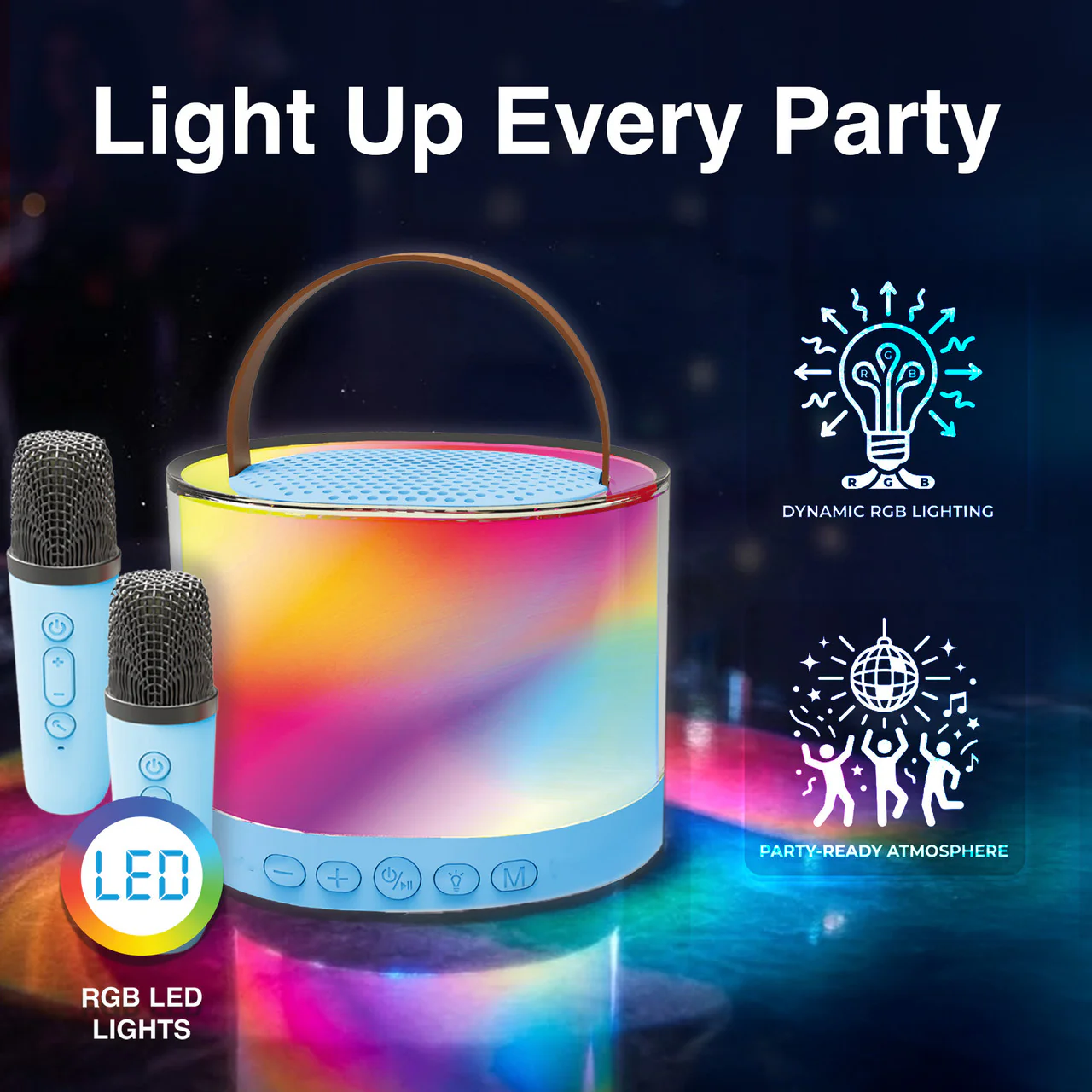 Laser Mini RGB Karaoke Speaker with 2 Wireless Mics (Blue) - Image 2