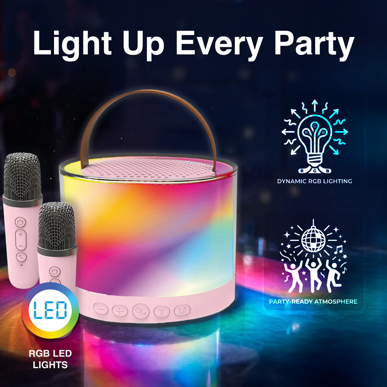 Laser Mini RGB Karaoke Speaker with 2 Wireless Mics (Pink) - Image 7