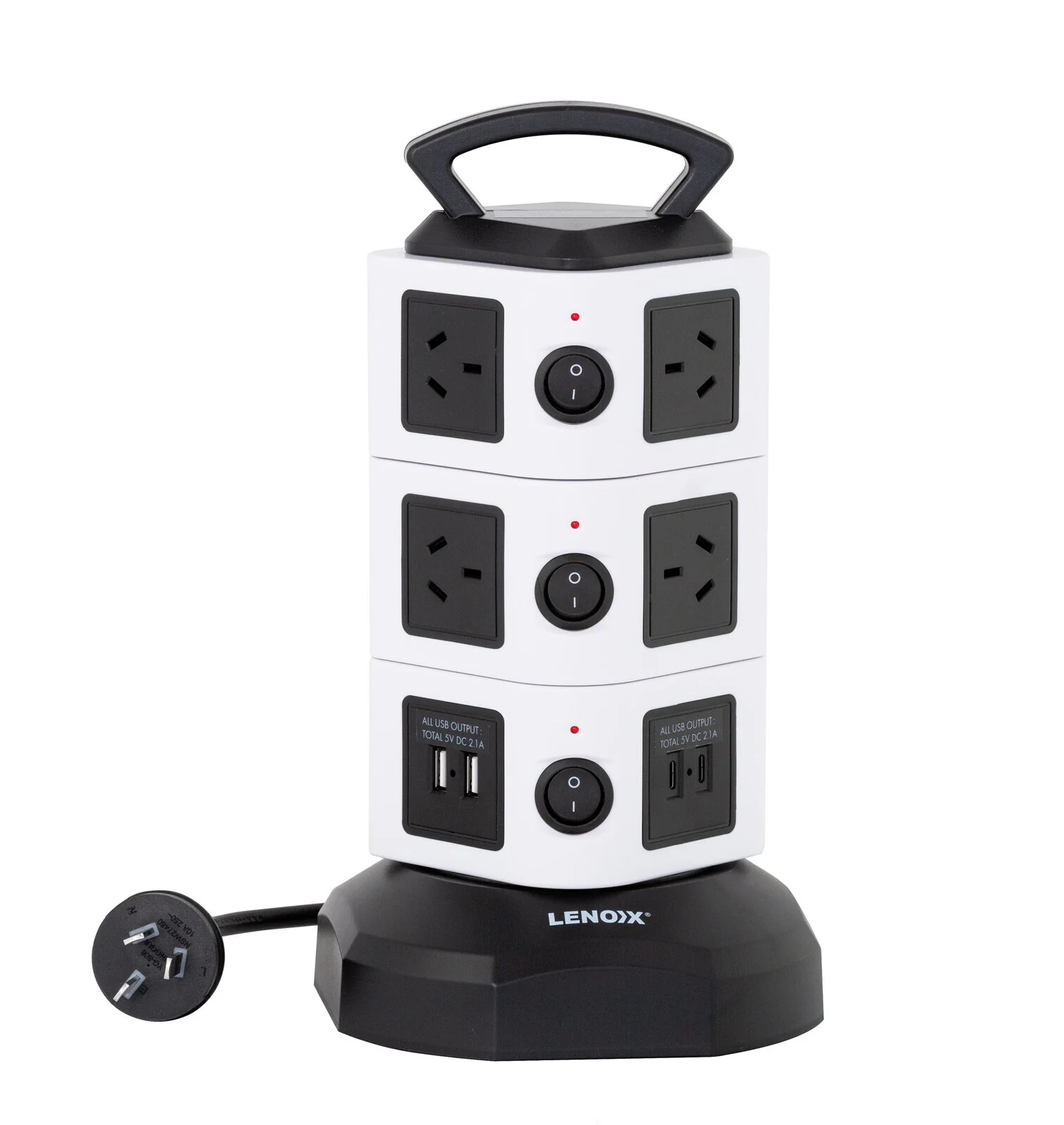 Lenoxx Tower Power Board with 10 Outlets + 2X USB A & 2X USB C