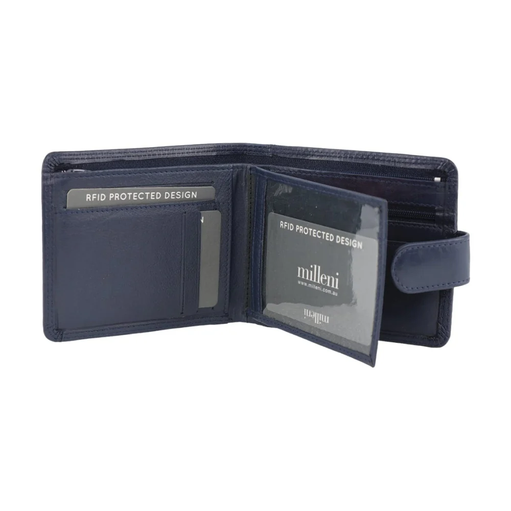 Milleni Men's Leather Tab Cash/Card RFID Protected Wallet 12cm Navy - Image 3