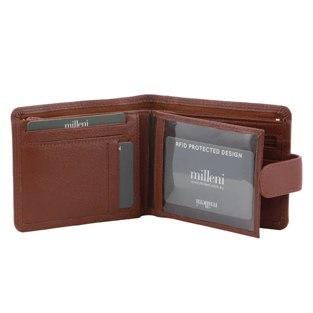 Milleni Men's Leather Tab Cash/Card RFID Protected Wallet 12cm Tan - Image 3