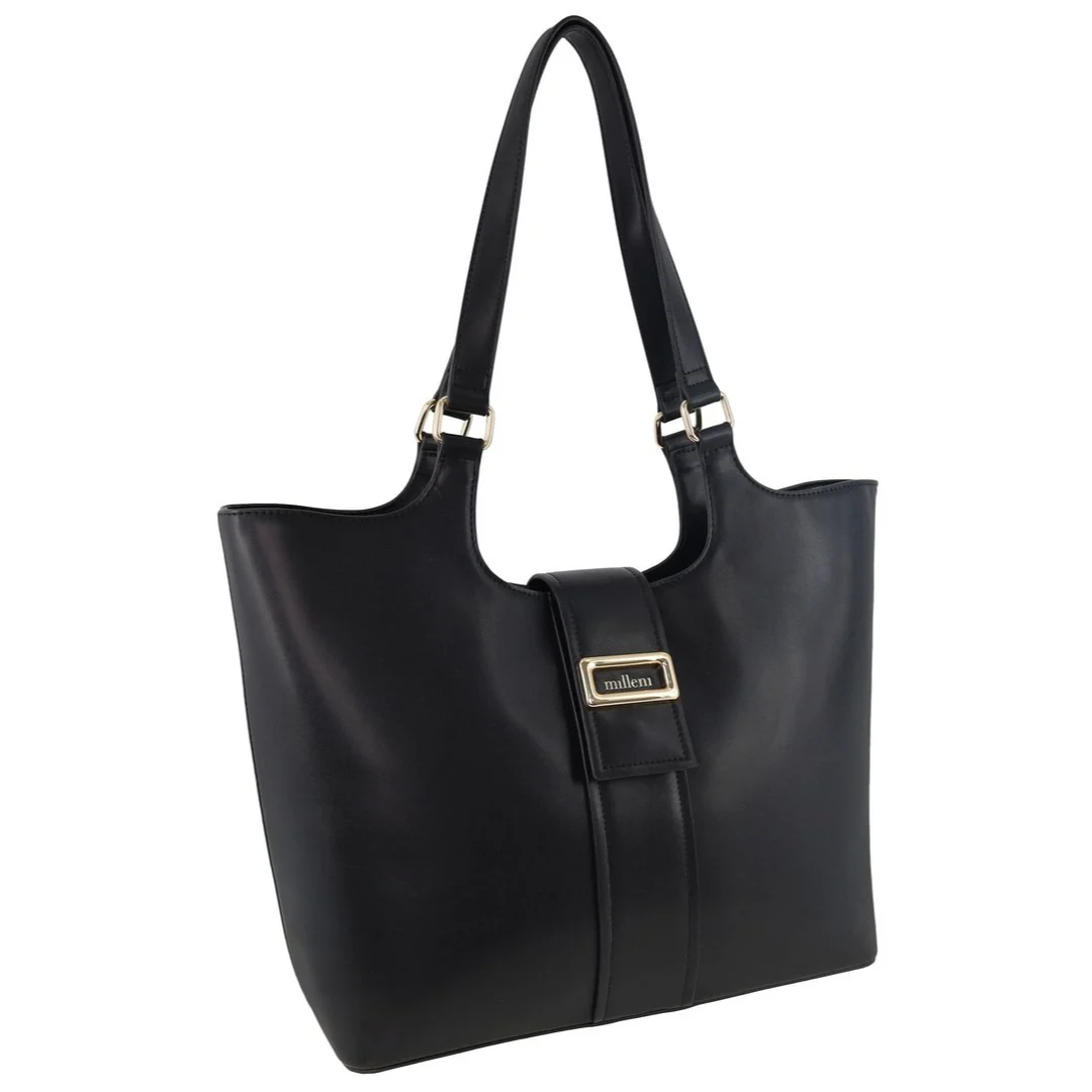 Milleni Women's Handbag Vegan Leather Fashion Chic Caryall Tote Bag (Black)