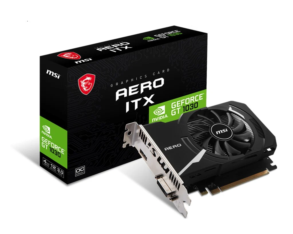 MSI nVidia GeForce GT 1030 AERO ITX 4GD4 OC Video Card, PCI-e 3.0, 1430 MHz Boos - PCI-E nVidia Chipset