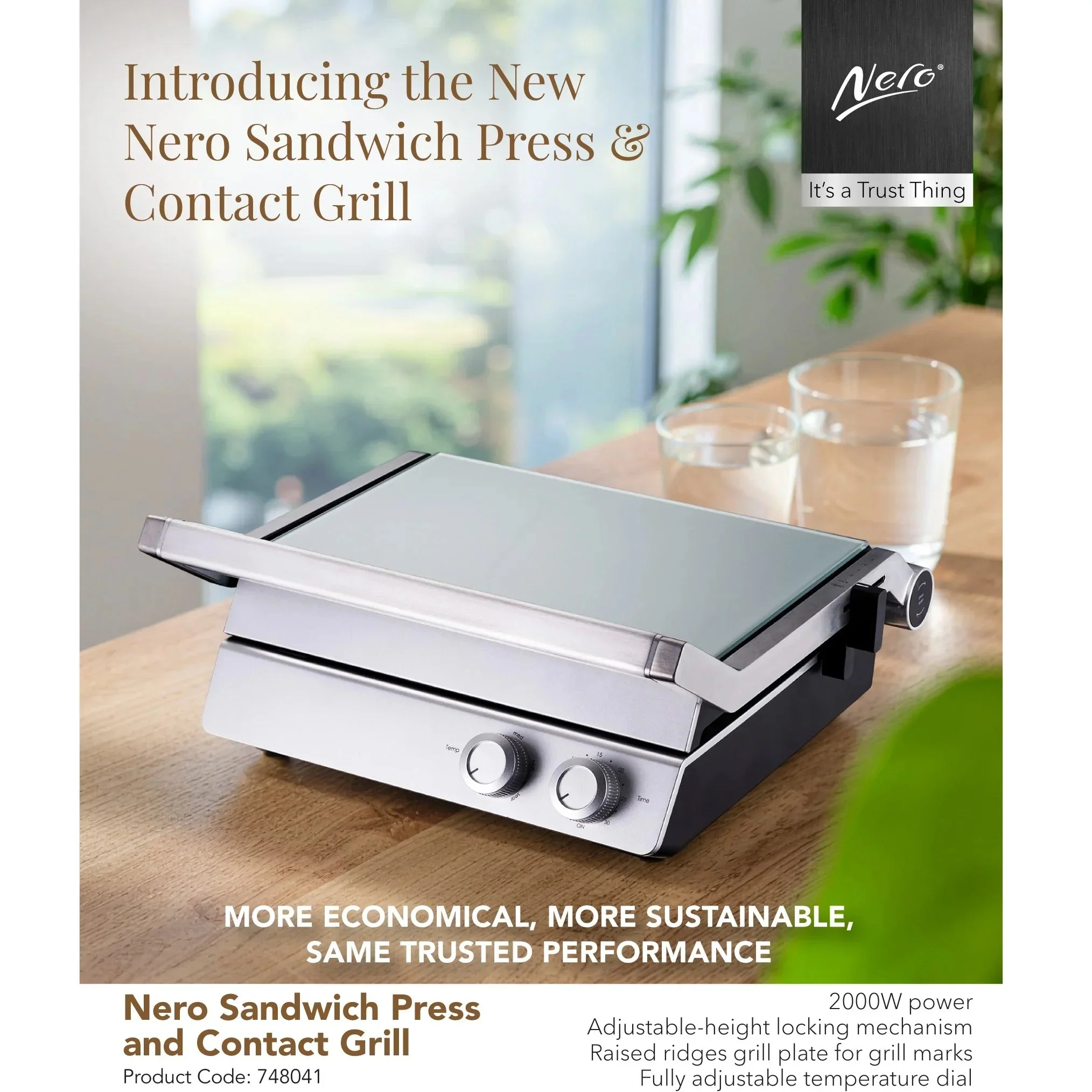 Nero Deluxe Sandwich Press Toaster Contact Grill 4 Slice Grooves with Timer - Image 3