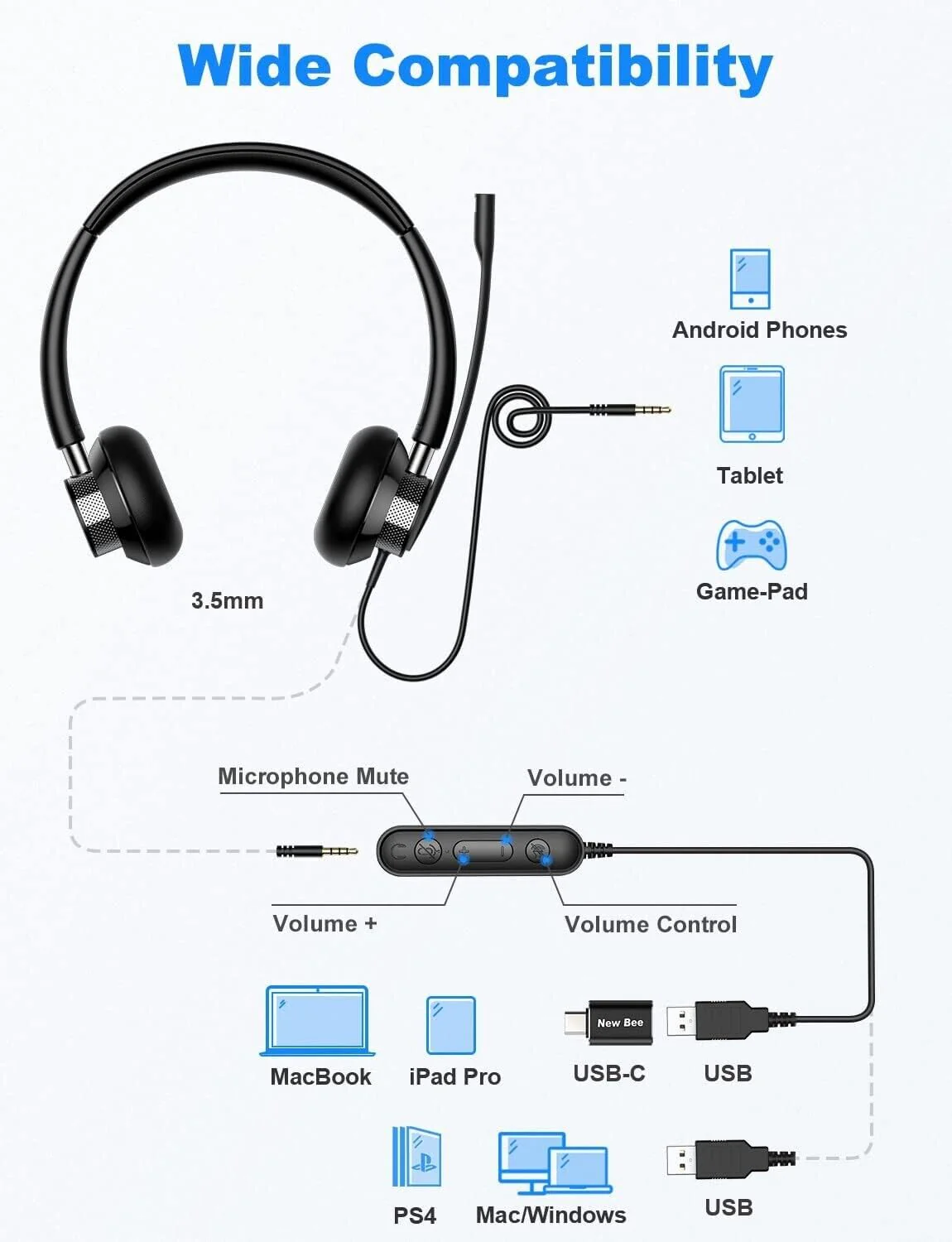 New Bee USB Headset with Flexible Microphone for L/R Side Computer - Image 3