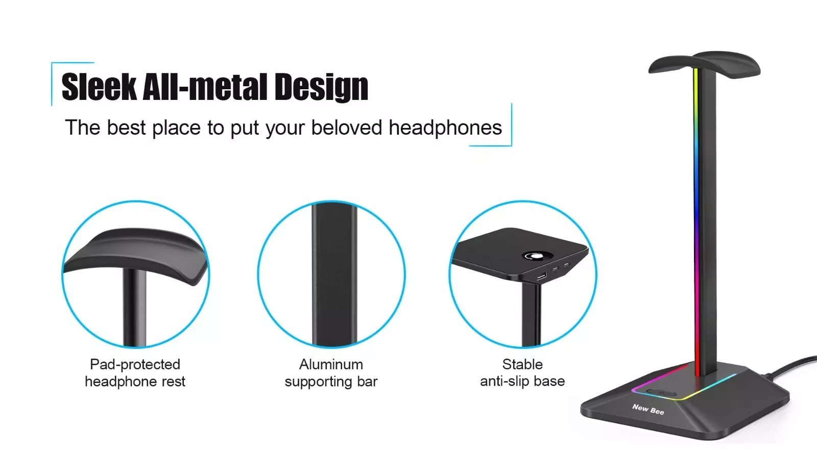 New Bee USB LED RGB Headphone Stand with 2 Charging Ports - Image 2