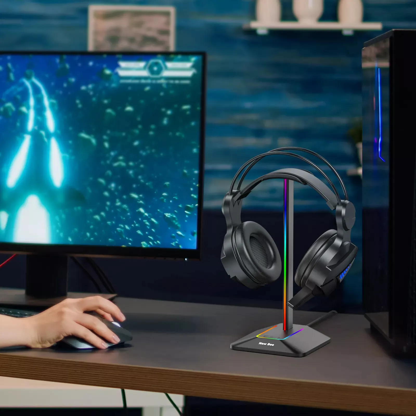 New Bee USB LED RGB Headphone Stand with 2 Charging Ports - Image 5