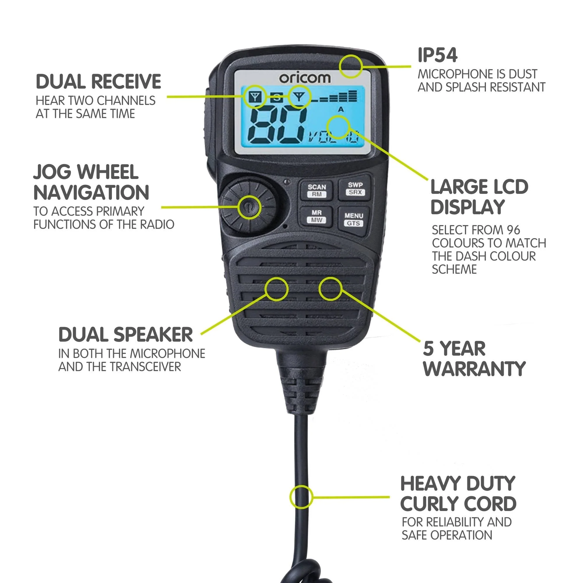 Oricom UHF350DR Dual Receive UHF CB Radio with Controller Speaker Mic + ANU316 4.5dBi UHF CB Antenna Pink - Image 2