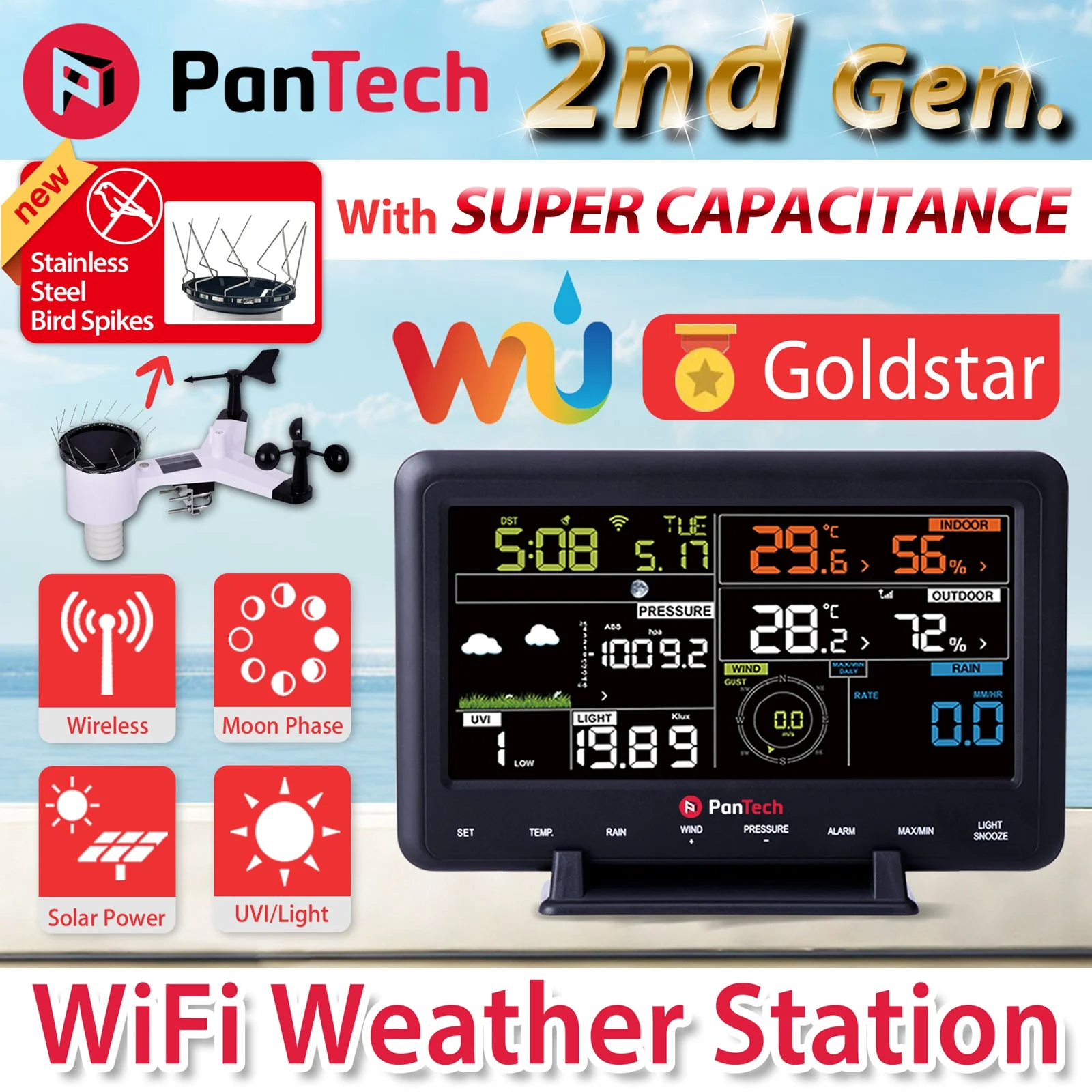PanTech Gen2 PT-WH2900 Solar Powered WiFi Wireless Weather Station 6.8" Display - Image 3