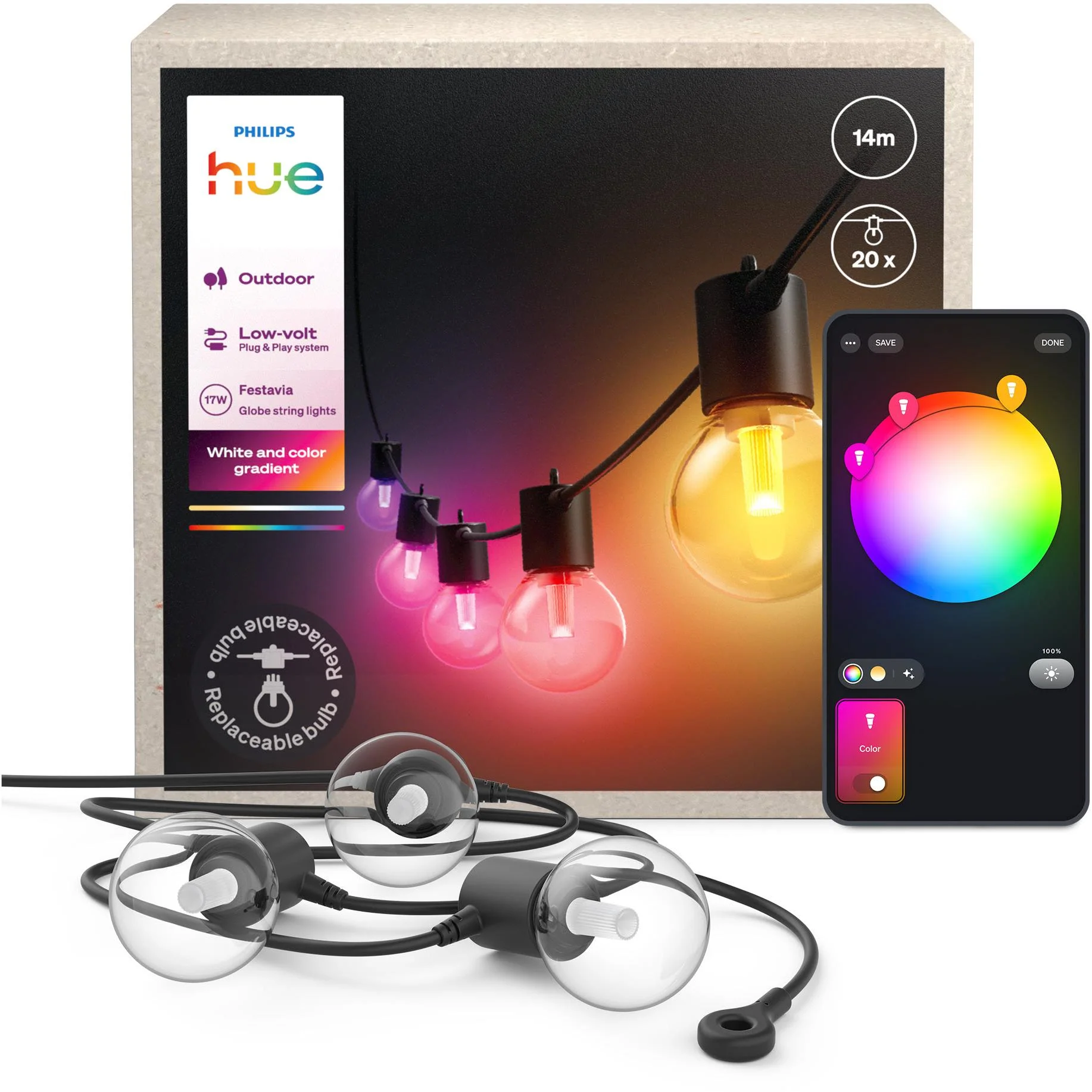 Philips Hue Festavia Hue 20 Bulb Globe String Lights (14m) - Image 2