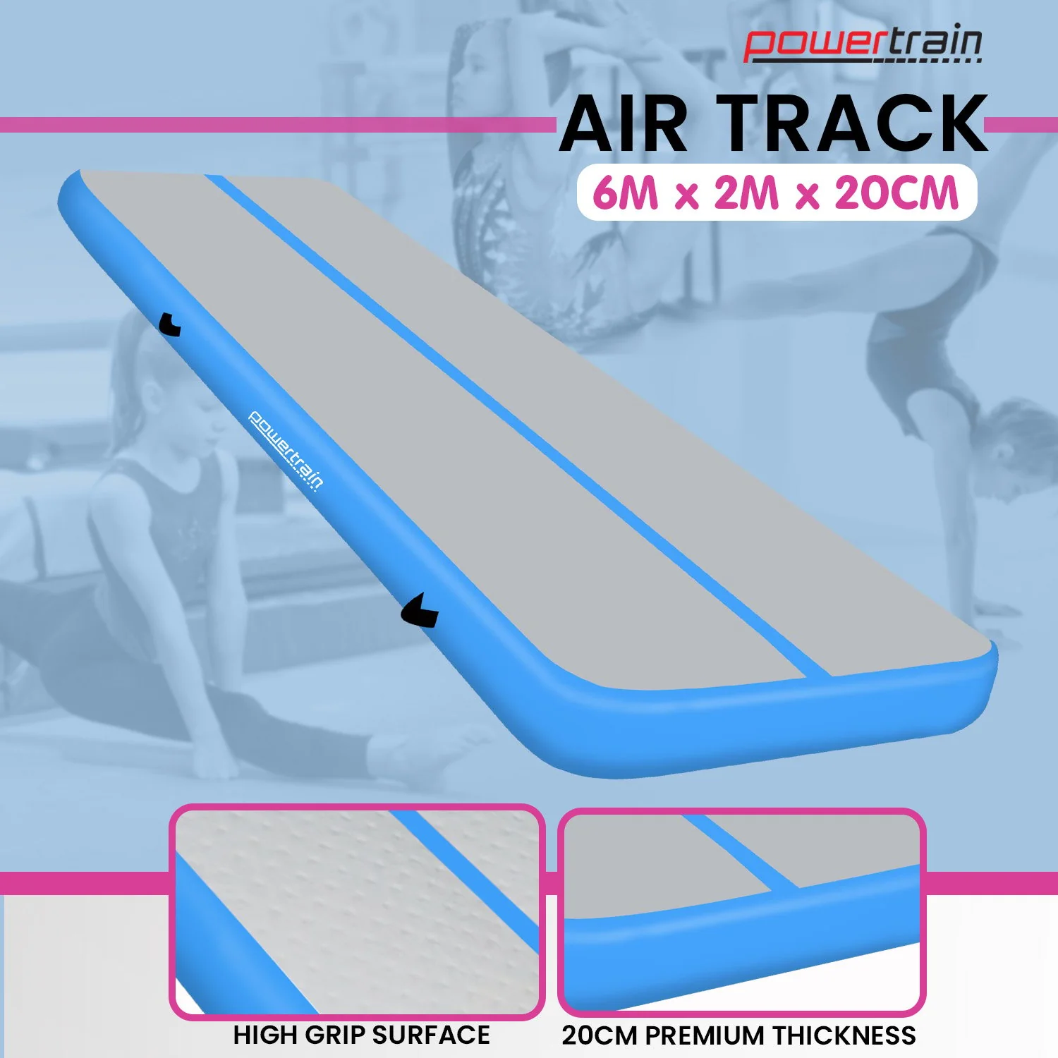 Powertrain 6m x 2m x 20cm Air Track Gymnastics Mat Tumbling Exercise (Grey Blue) - Image 10