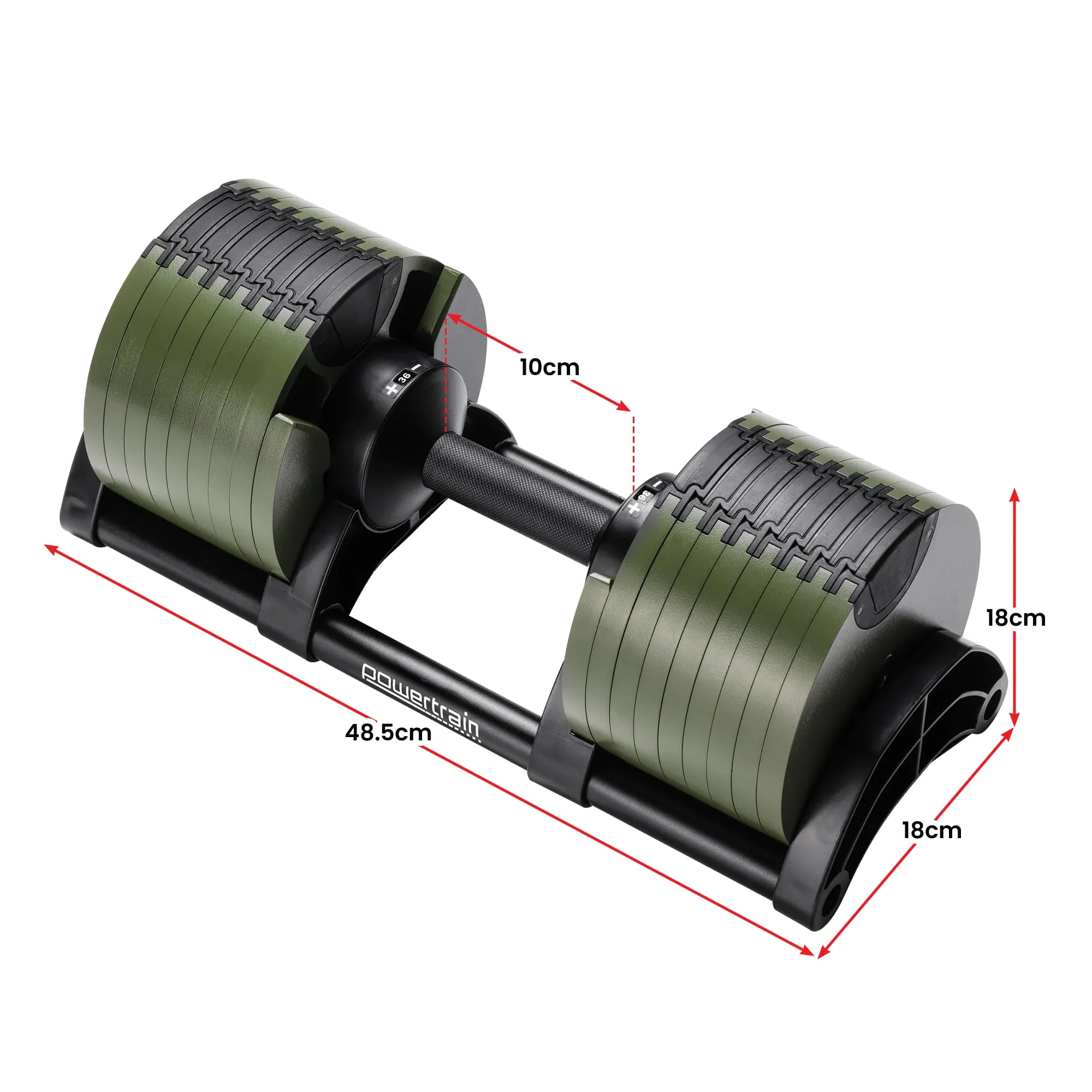 Powertrain Eon Dial Up 72KG Adjustable Dumbbells Pair with Stand - Green - Image 2