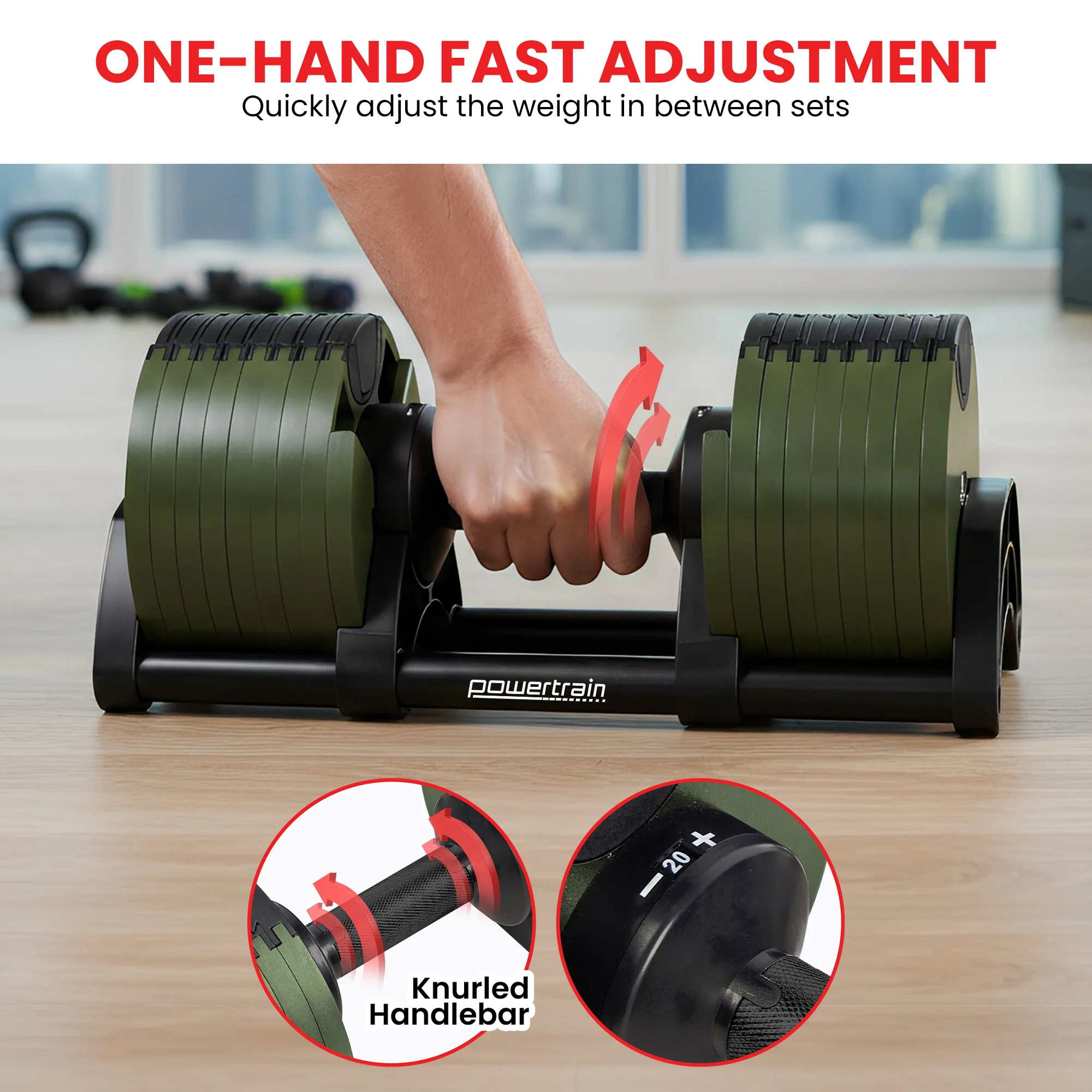 Powertrain Eon Dial Up 90KG Adjustable Dumbbells Pair with Stand - Green - Image 10