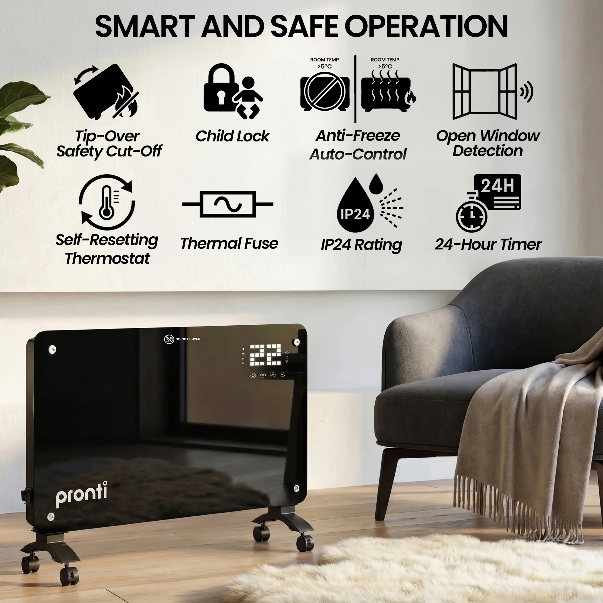 Pronti Glass Panel Convection Heater with Remote Control LED Display (Black) - Image 6