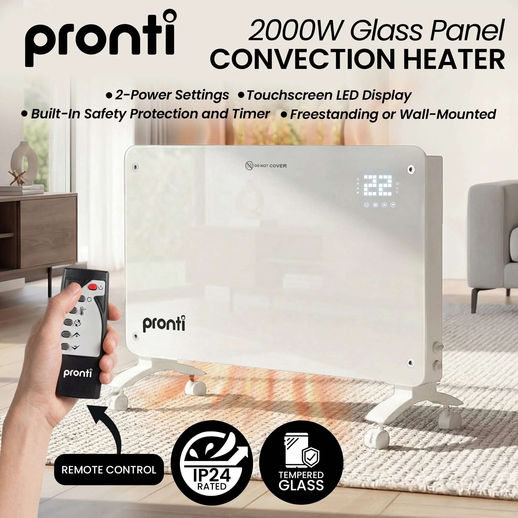 Pronti Glass Panel Convection Heater with Remote Control LED Display (White) - Image 10