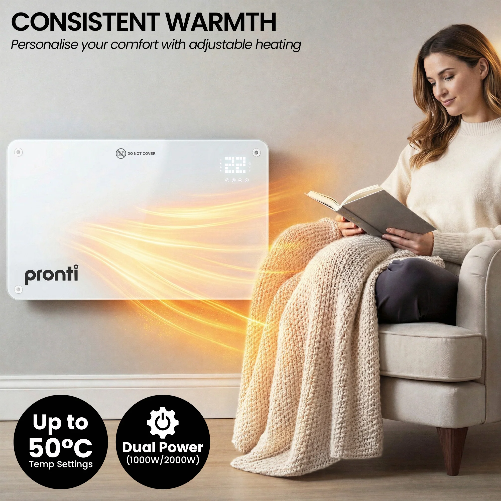 Pronti Glass Panel Convection Heater with Remote Control LED Display (White) - Image 4