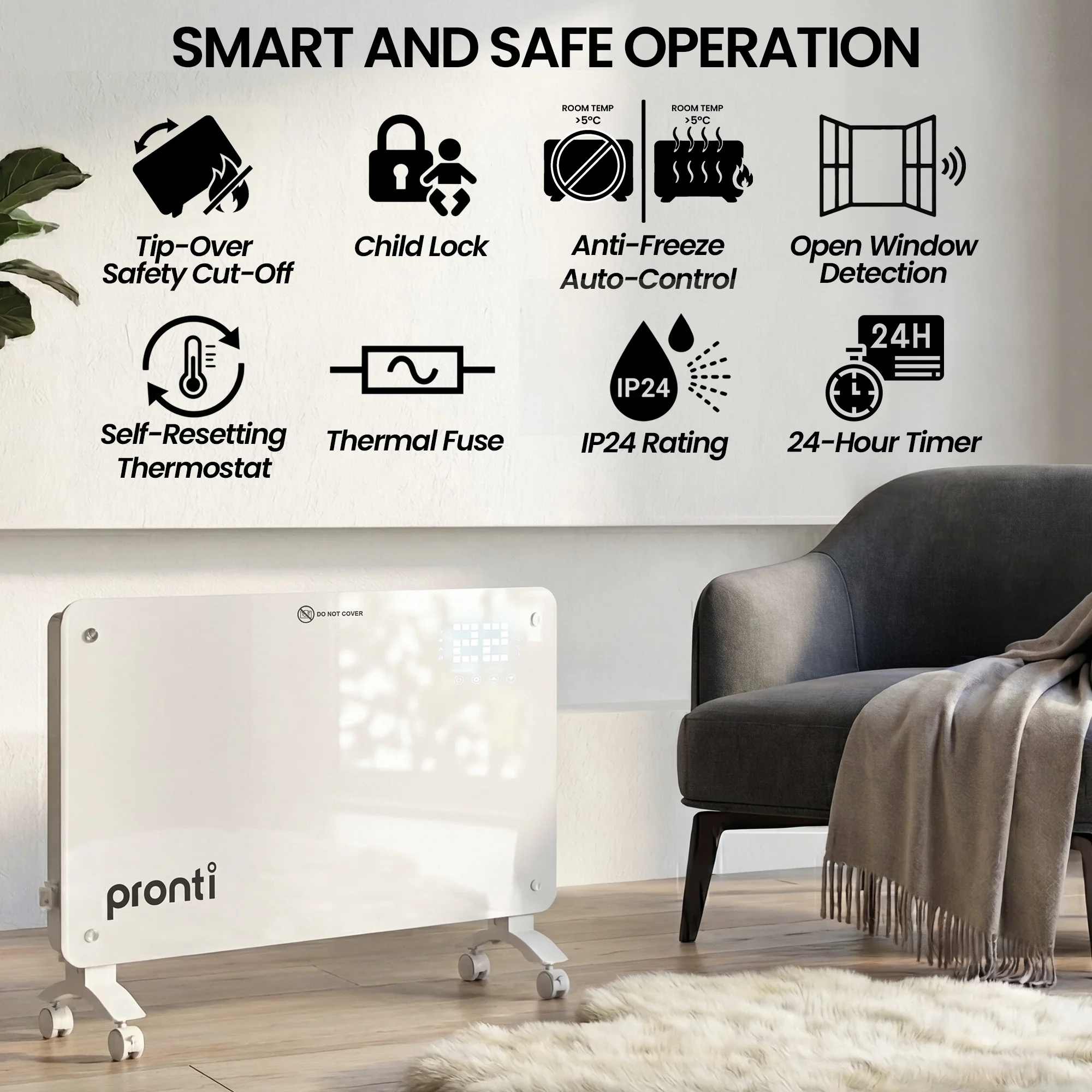 Pronti Glass Panel Convection Heater with Remote Control LED Display (White) - Image 5