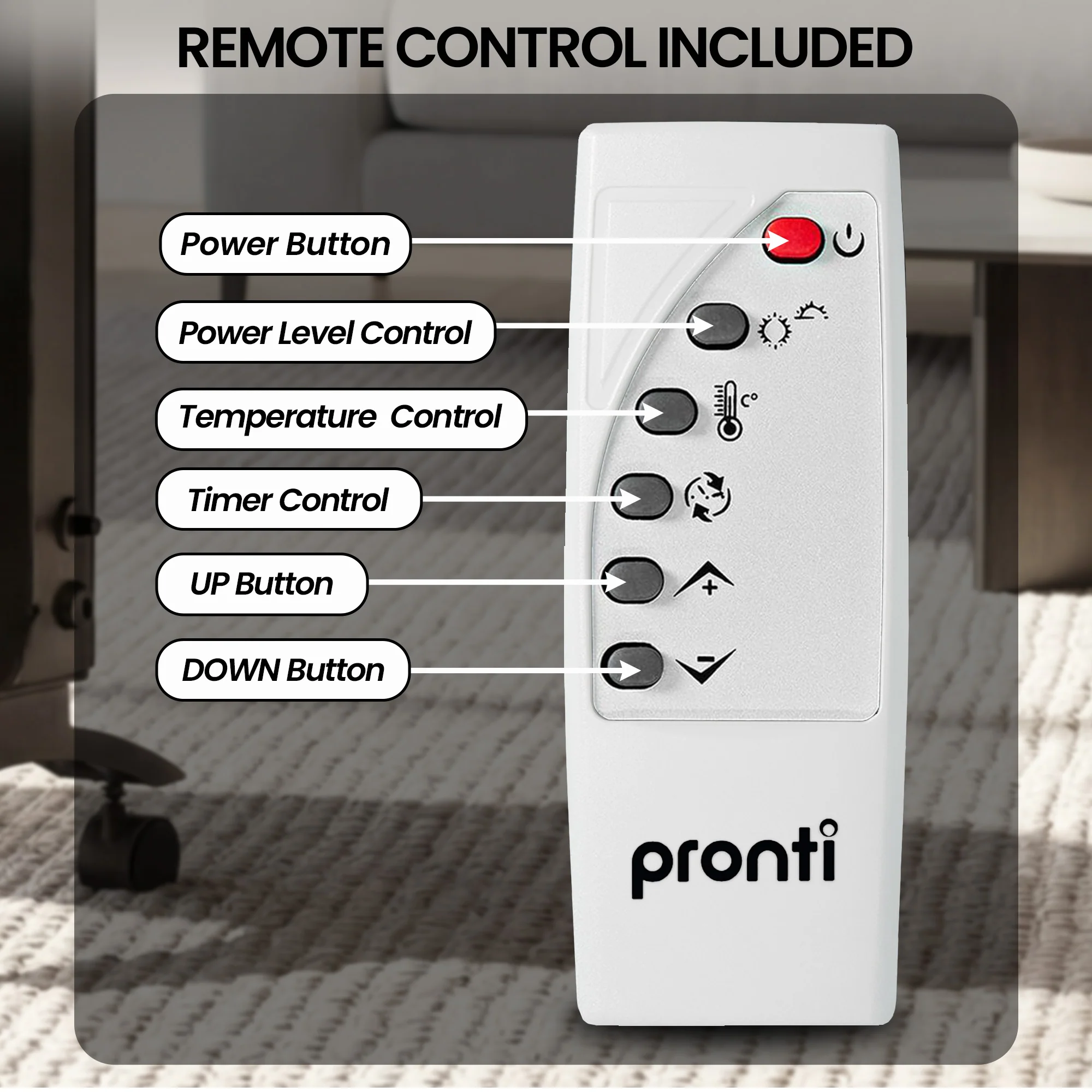 Pronti Glass Panel Convection Heater with Remote Control LED Display (White) - Image 7