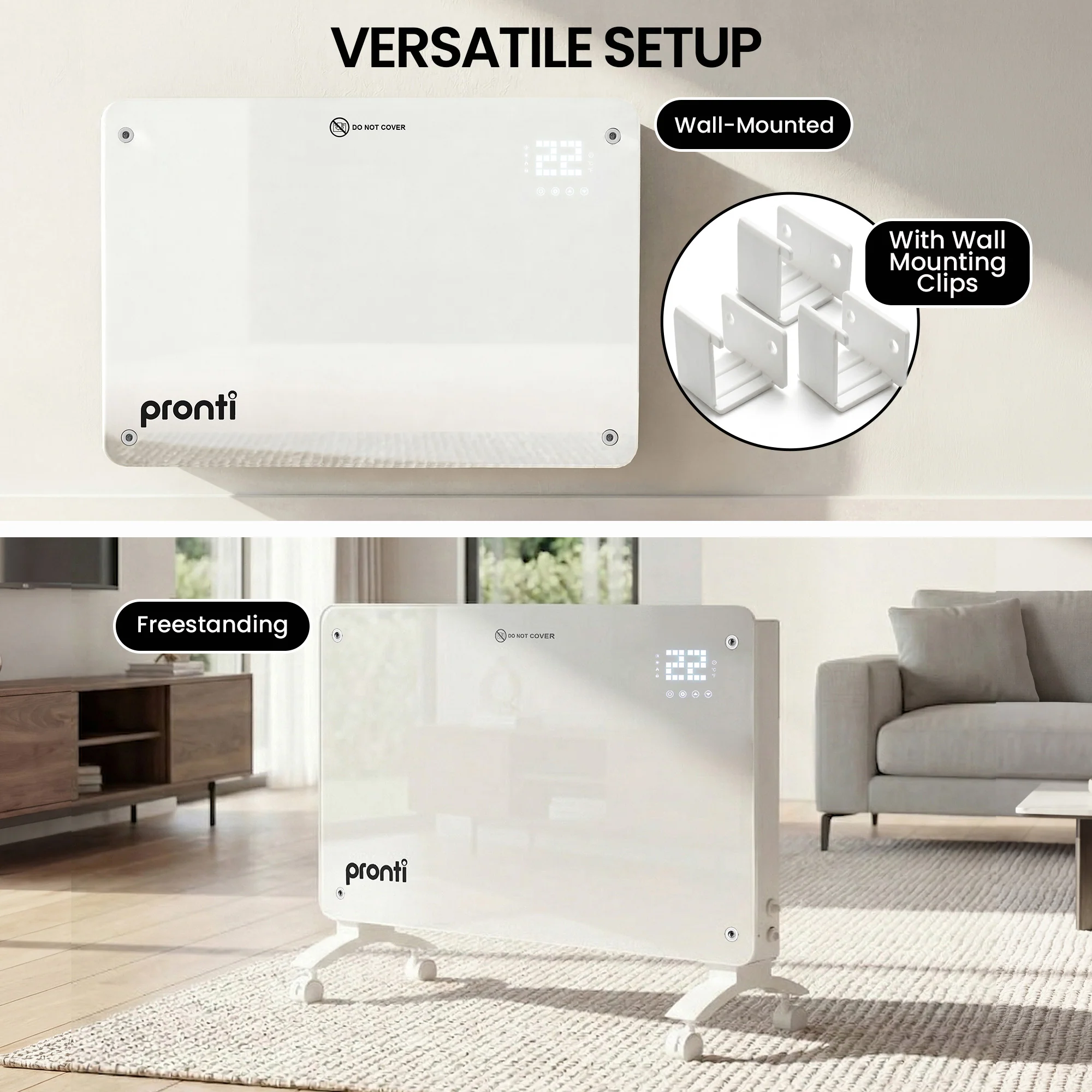 Pronti Glass Panel Convection Heater with Remote Control LED Display (White) - Image 8
