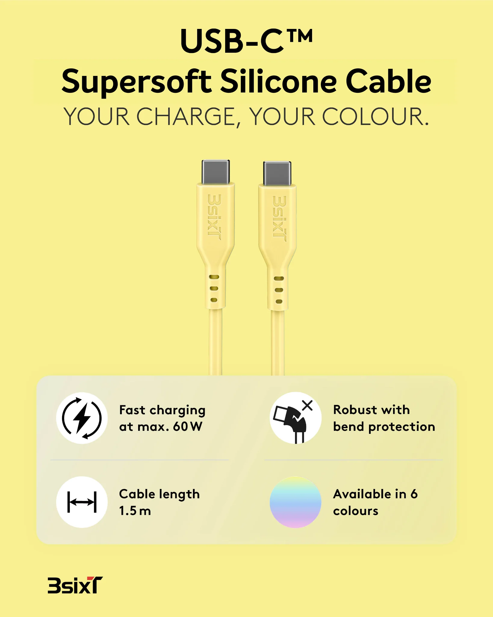 SPLASH USB-C Charging Cable by 3sixT Soft Silicone USB-C to USB-C Cable 1.5m 60W (Yellow) - Image 2