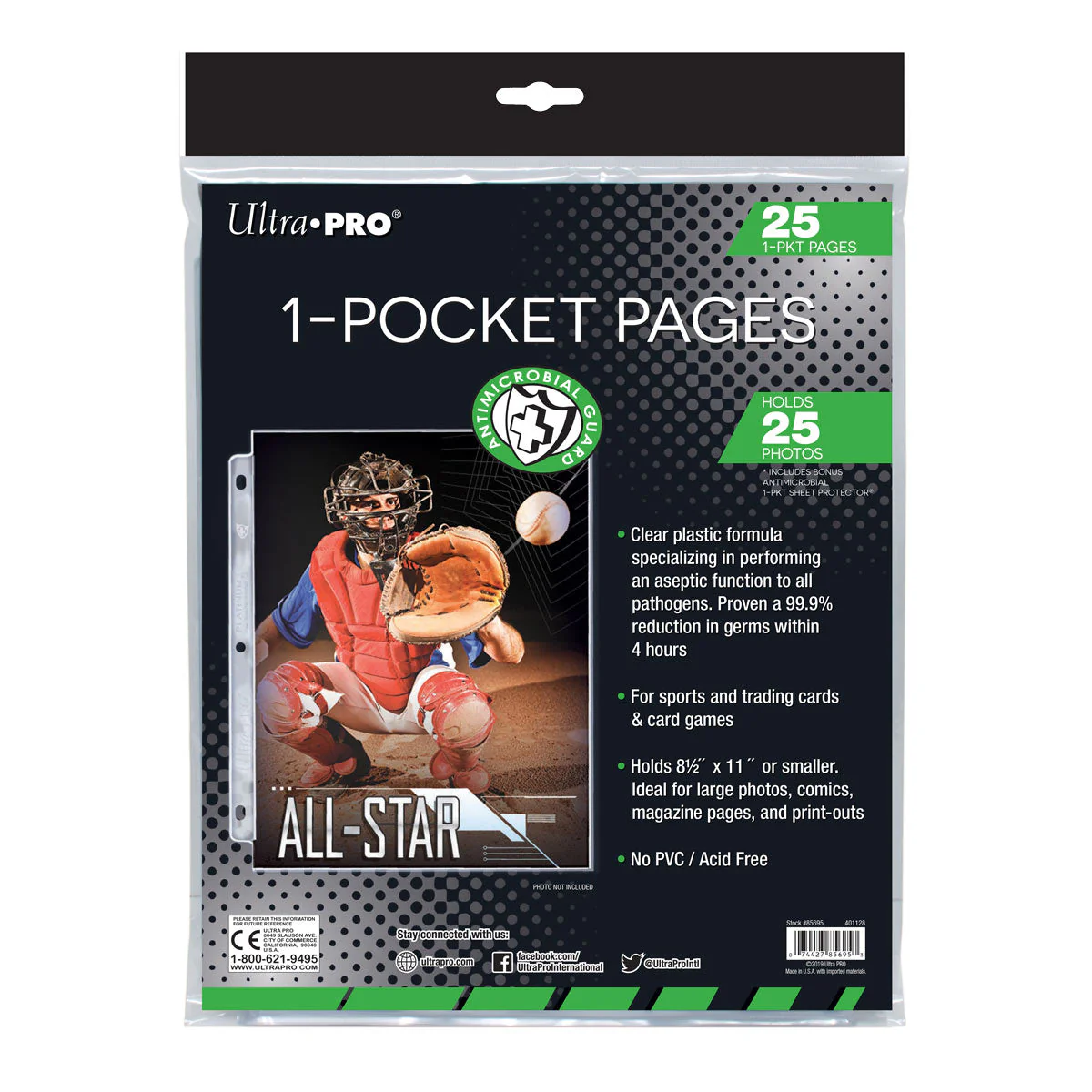 Ultra Pro: UP85695 1-Pocket Antimicrobial Page with 8-1/2"x11" Pocket 25 ct retail pack